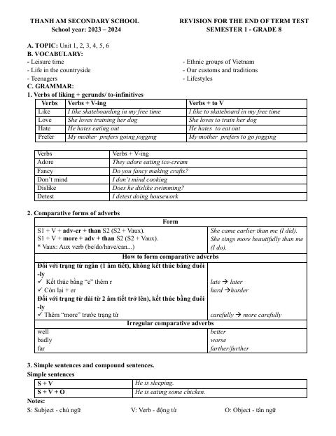 Đề cương ôn tập Học kì 1 Tiếng Anh 8 năm 2023–2024 trường THCS Thanh Am (Hà Nội)